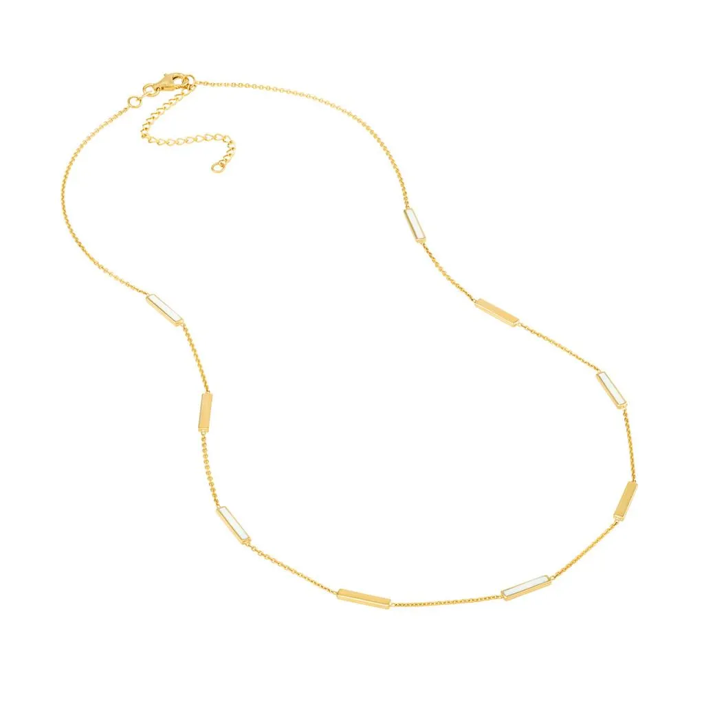 18” Alternating Enamel Bar Necklace - White   Yellow Gold