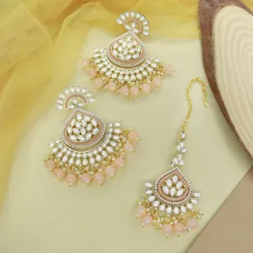 18K Gold Plated Traditional Kundan & Pearl Chandbali Earrings with Maang Tikka Set for Women/Girls