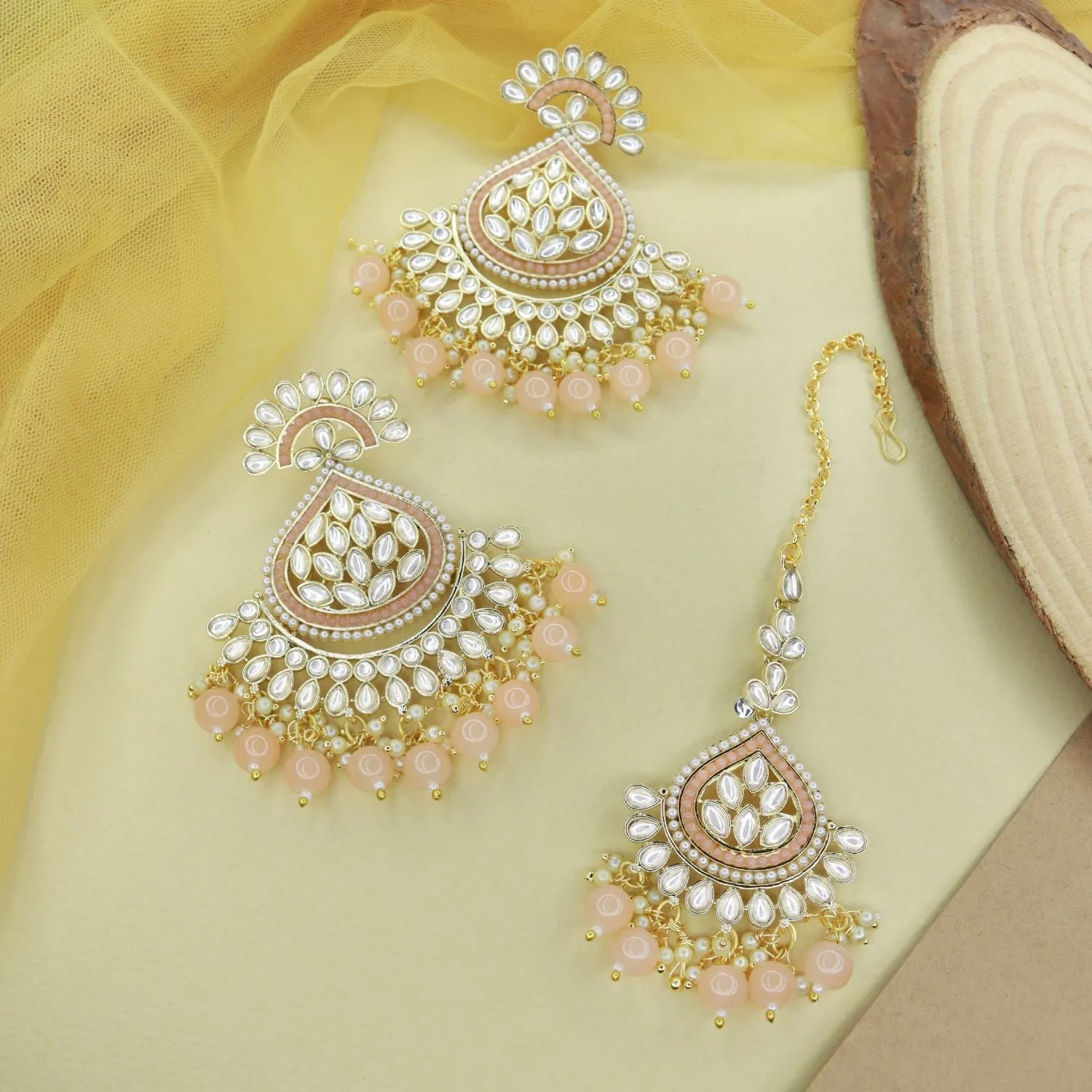 18K Gold Plated Traditional Kundan & Pearl Chandbali Earrings with Maang Tikka Set for Women/Girls