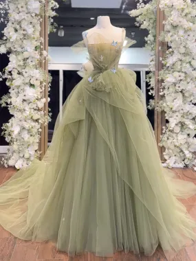 A-Line Green Tulle Long Prom Dress, Green Long Graduation Dress