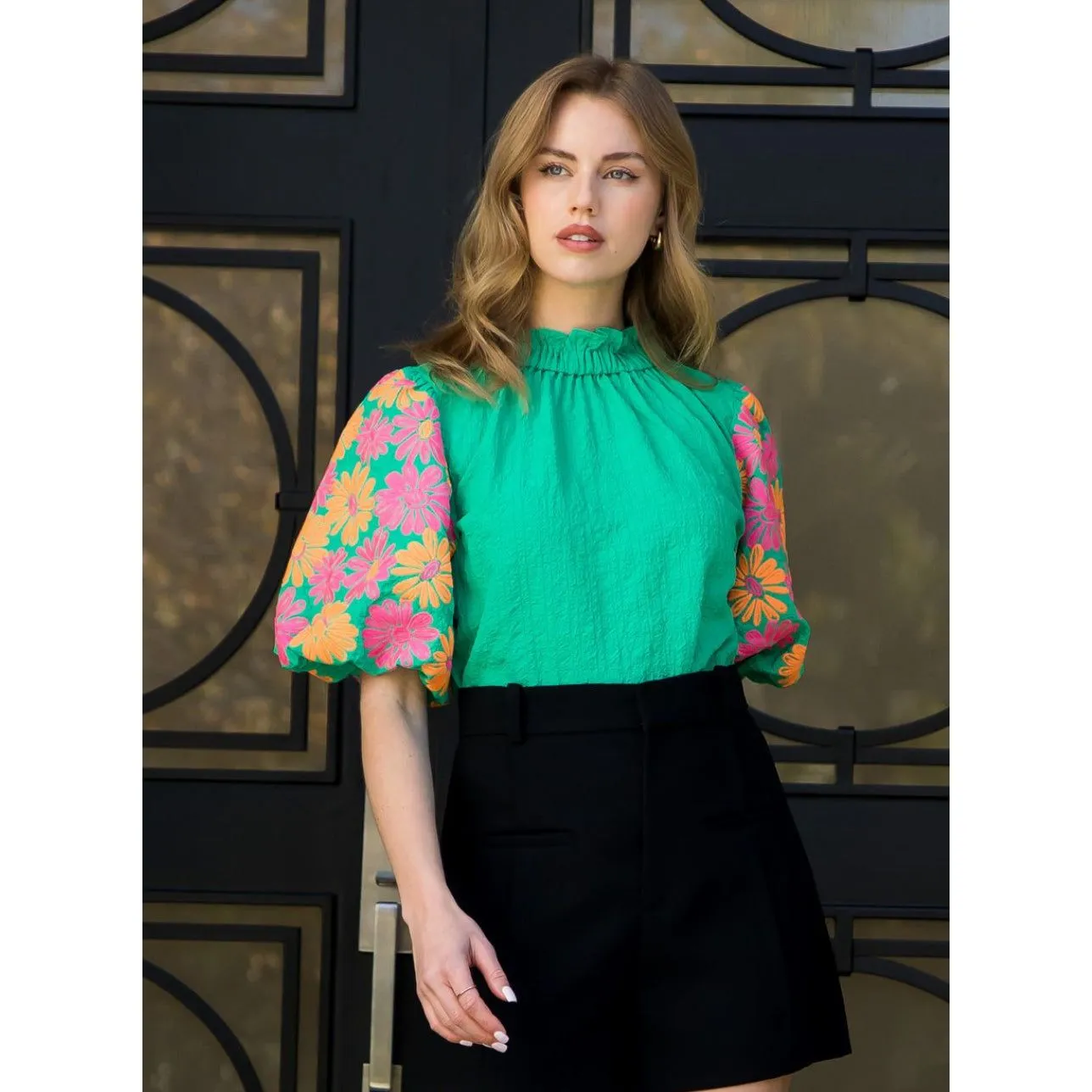 Abbot Green Embroidered Sleeve THML Top- SALE