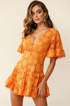 Alaia Short Fluted Sleeve Crochet Lace Dress Sunset