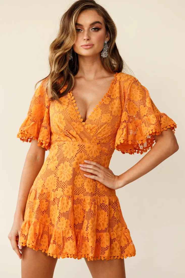 Alaia Short Fluted Sleeve Crochet Lace Dress Sunset