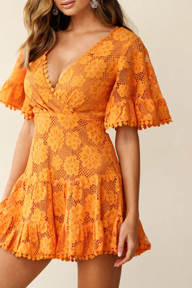 Alaia Short Fluted Sleeve Crochet Lace Dress Sunset