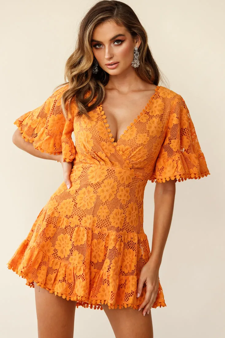 Alaia Short Fluted Sleeve Crochet Lace Dress Sunset