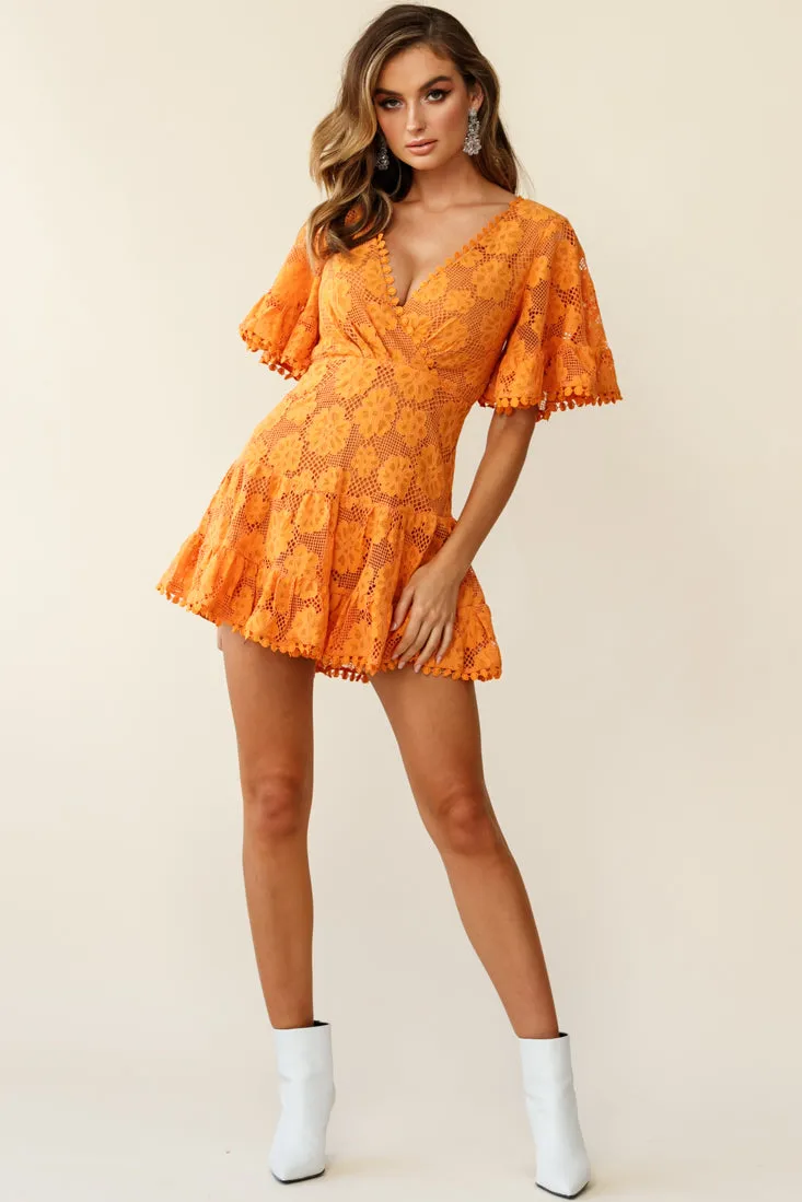 Alaia Short Fluted Sleeve Crochet Lace Dress Sunset