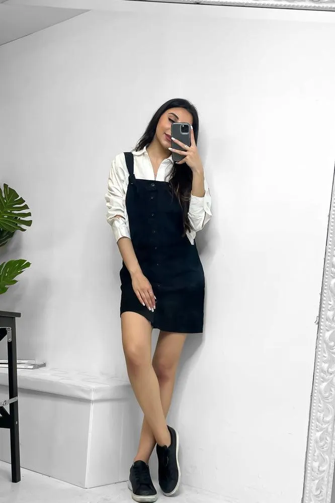 Black Button Placket Classic Denim Pinafore Dress