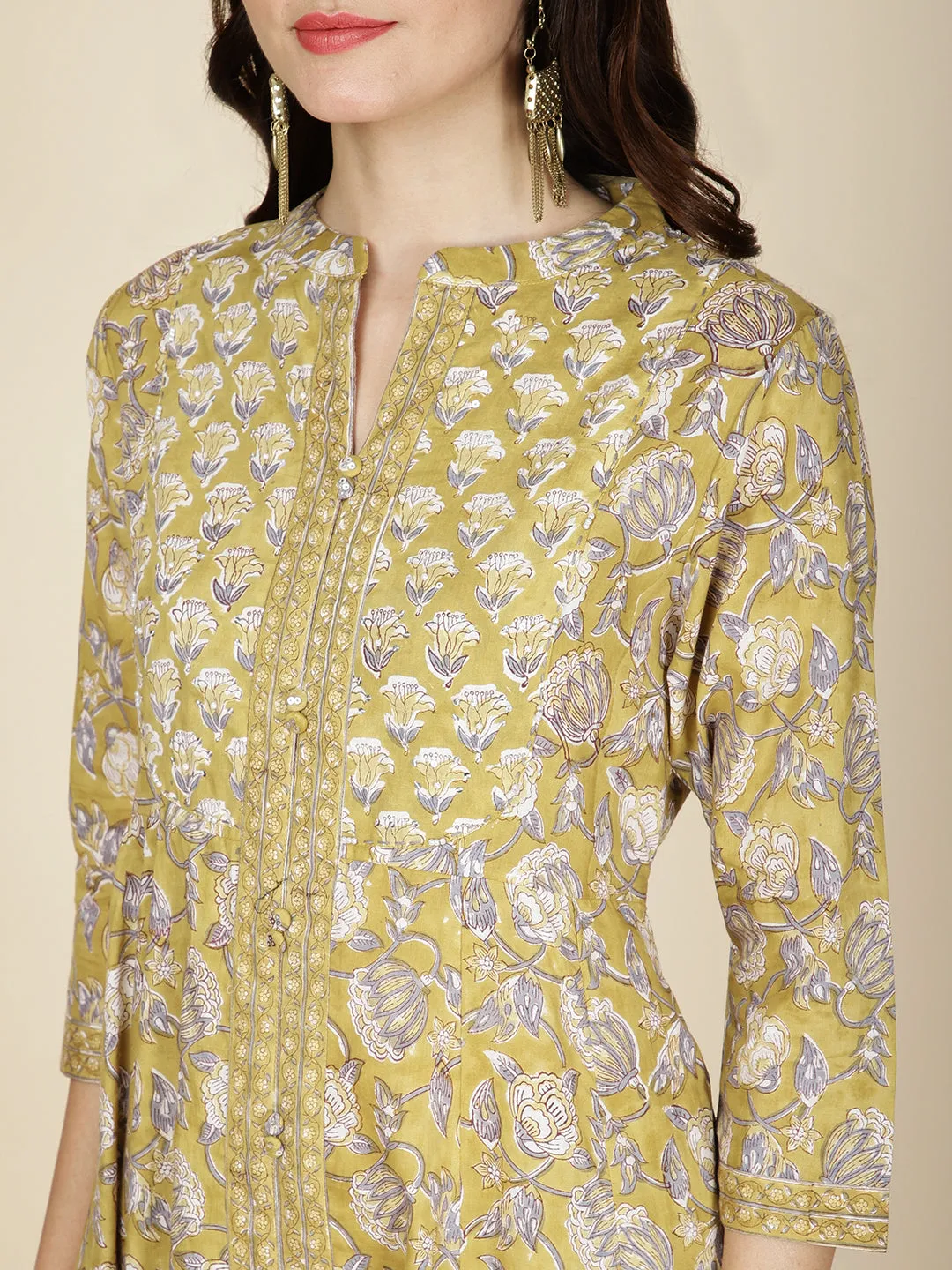 Block Printed Cotton Kurta With Pants