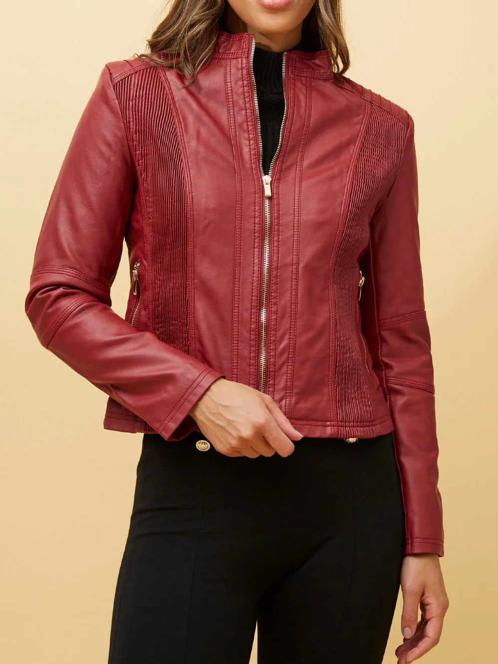 CAROLINE K MORGAN CLASSIC ZIP PLEATHER JACKET