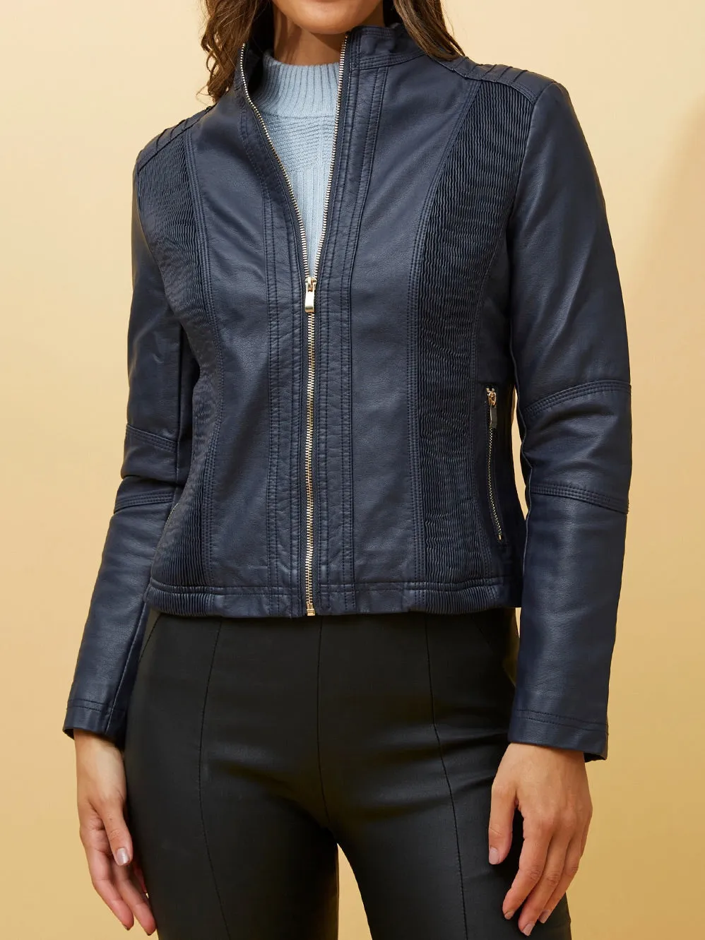 CAROLINE K MORGAN CLASSIC ZIP PLEATHER JACKET