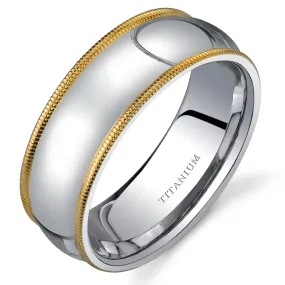 Classic Two-Tone 8mm Men's Genuine Titanium Band, Milgrain Edge, Comfort Fit, Size 13