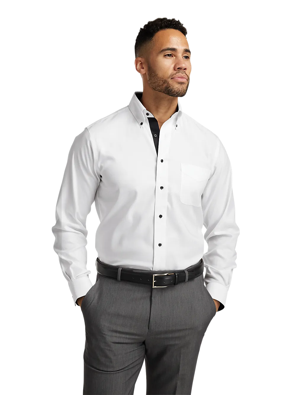 Comfort Stretch Non-Iron Solid Dress Shirt With Contrast Trim - White/black