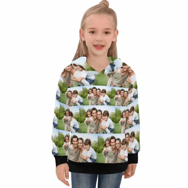 Custom Photo Stitching Kid's Long Sleeve Hoodie for 2-15Y Personalized Hooded Pullover Loose Hoodie