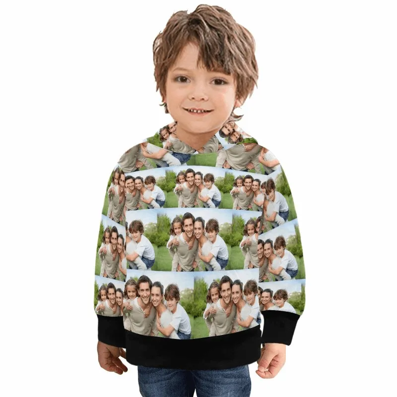 Custom Photo Stitching Kid's Long Sleeve Hoodie for 2-15Y Personalized Hooded Pullover Loose Hoodie