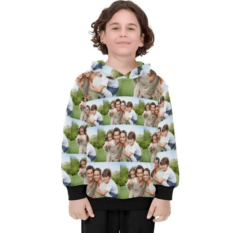 Custom Photo Stitching Kid's Long Sleeve Hoodie for 2-15Y Personalized Hooded Pullover Loose Hoodie