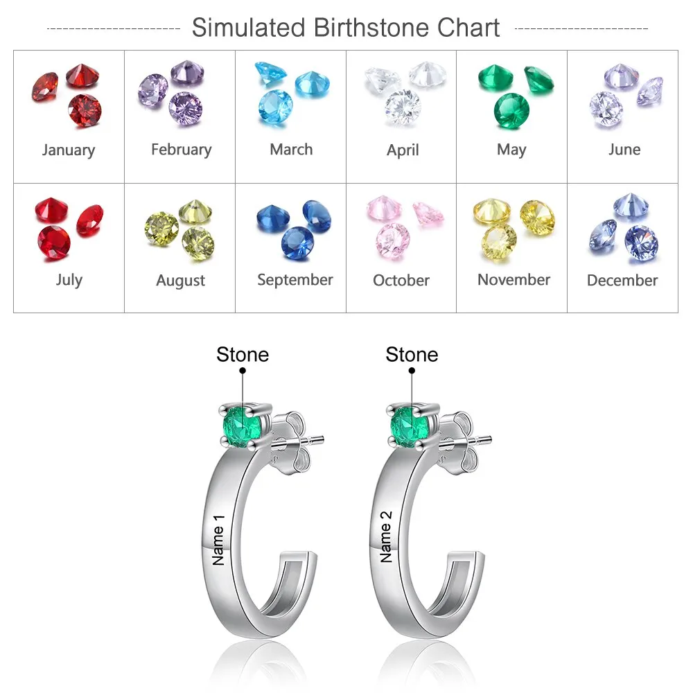 Customized Engraving 2 Names And Birthstones Earrings