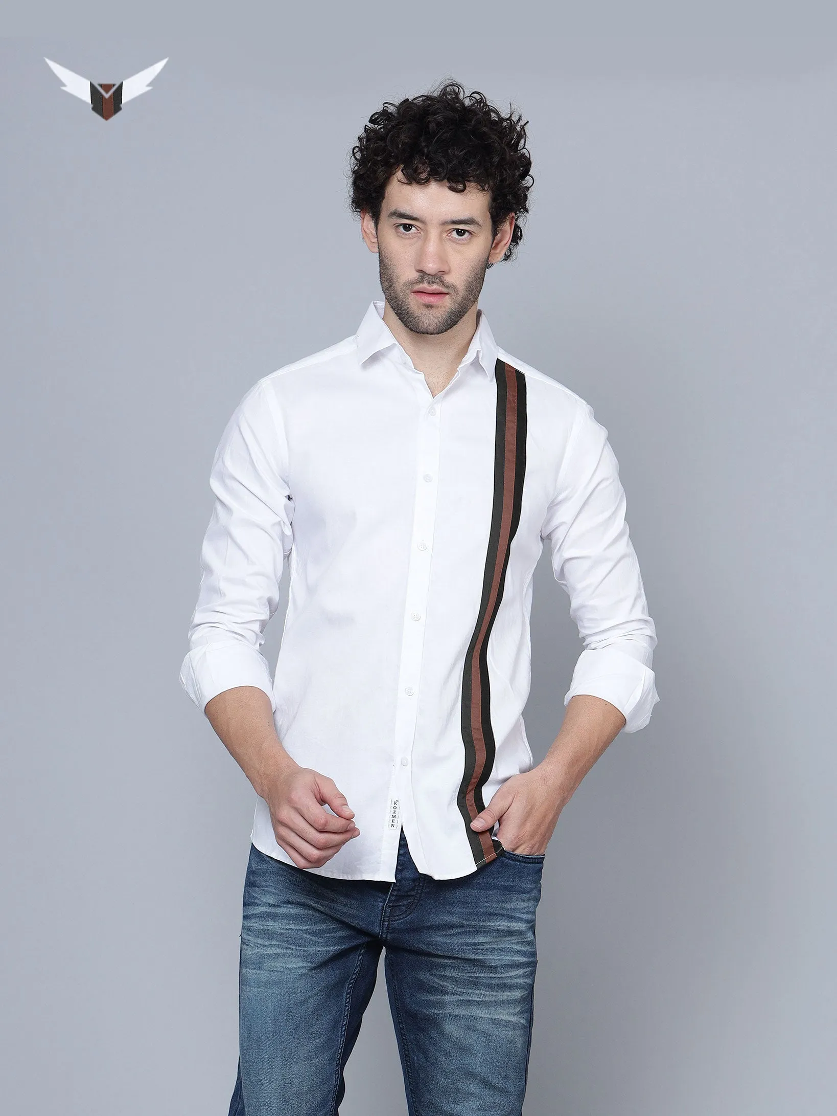 Designer Brown Stripe Cotton White Shirt