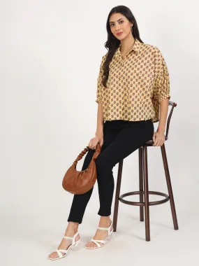 Divena Beige Floral Printed Cotton Tops