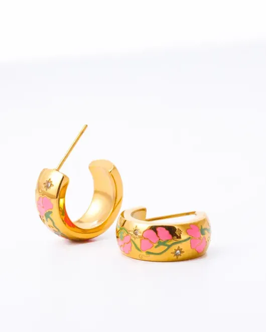 Gold Floral Enamel Hoop Earrings