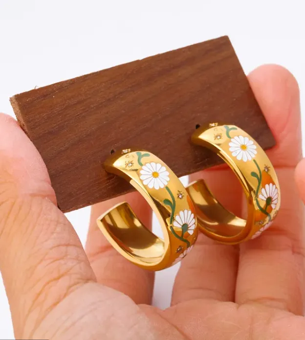 Gold Floral Enamel Hoop Earrings