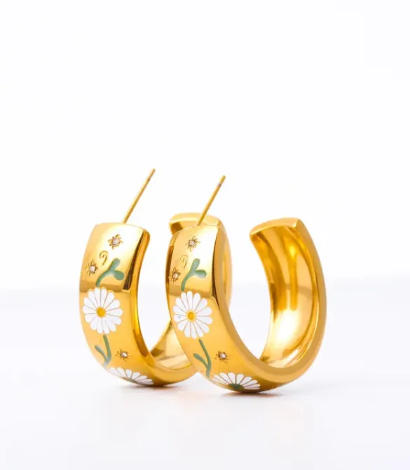 Gold Floral Enamel Hoop Earrings