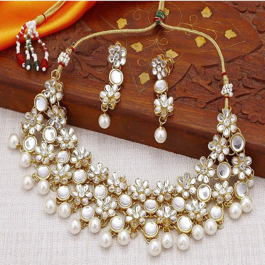 Gold Plated Traditional Kundan Studded Bridal Choker Necklace & Drop Earrings Jewellery Set For Women/Girls