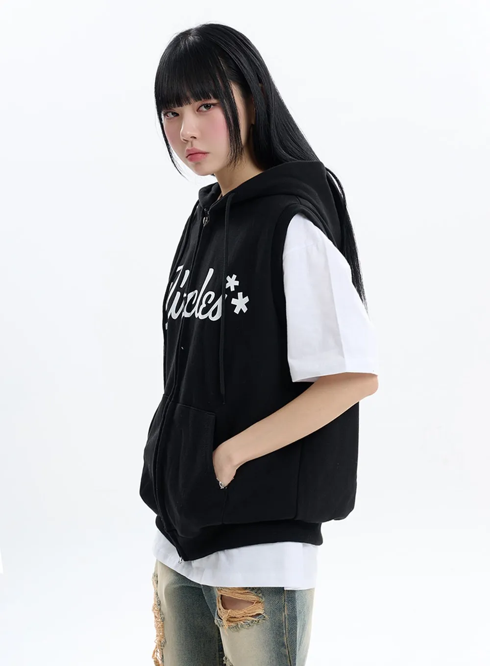 Graphic Lettering Hoodie Vest Jacket IF413