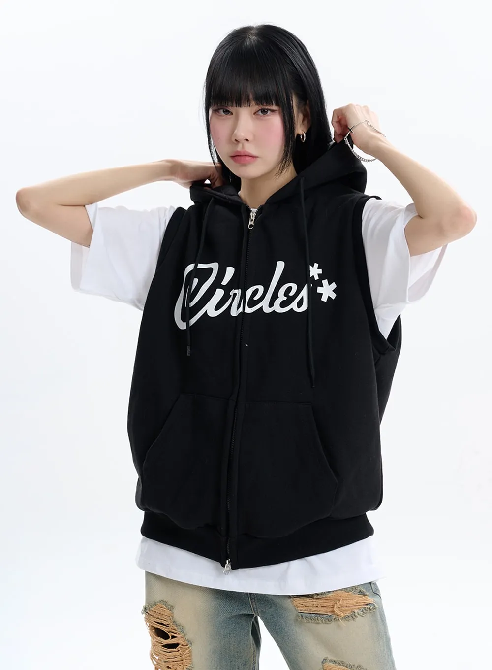 Graphic Lettering Hoodie Vest Jacket IF413