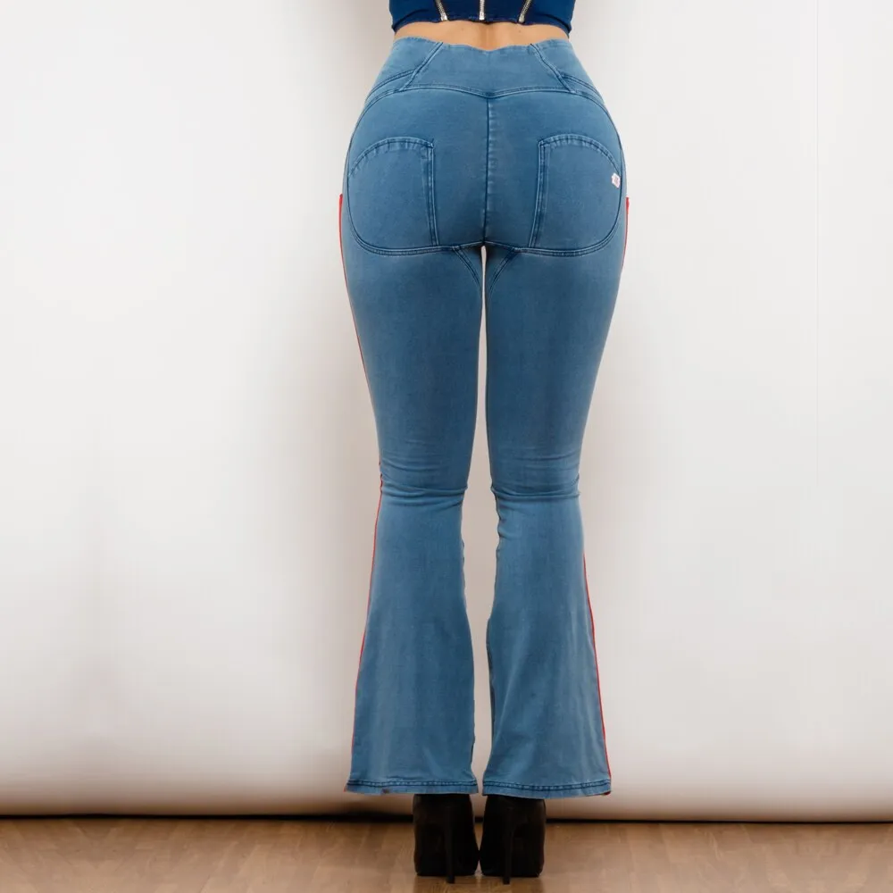 High Waist Dark Thread Light Blue Flare Jeans with Stripe