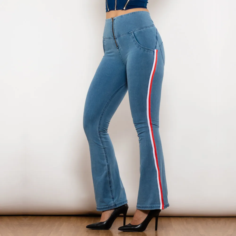 High Waist Dark Thread Light Blue Flare Jeans with Stripe