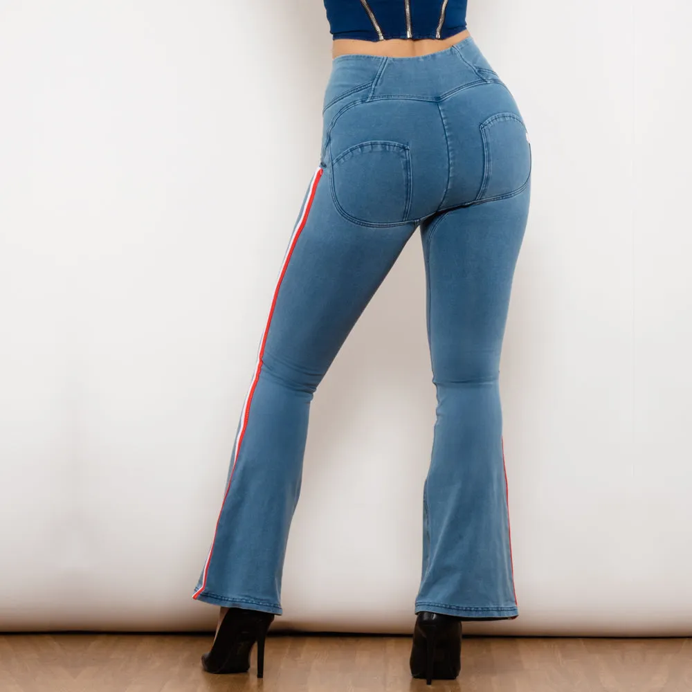 High Waist Dark Thread Light Blue Flare Jeans with Stripe