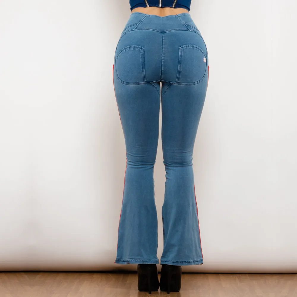 High Waist Dark Thread Light Blue Flare Jeans with Stripe