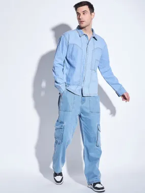 Ice Washed Denim Carpenter Shirt and Jeans Combo Clothing Set