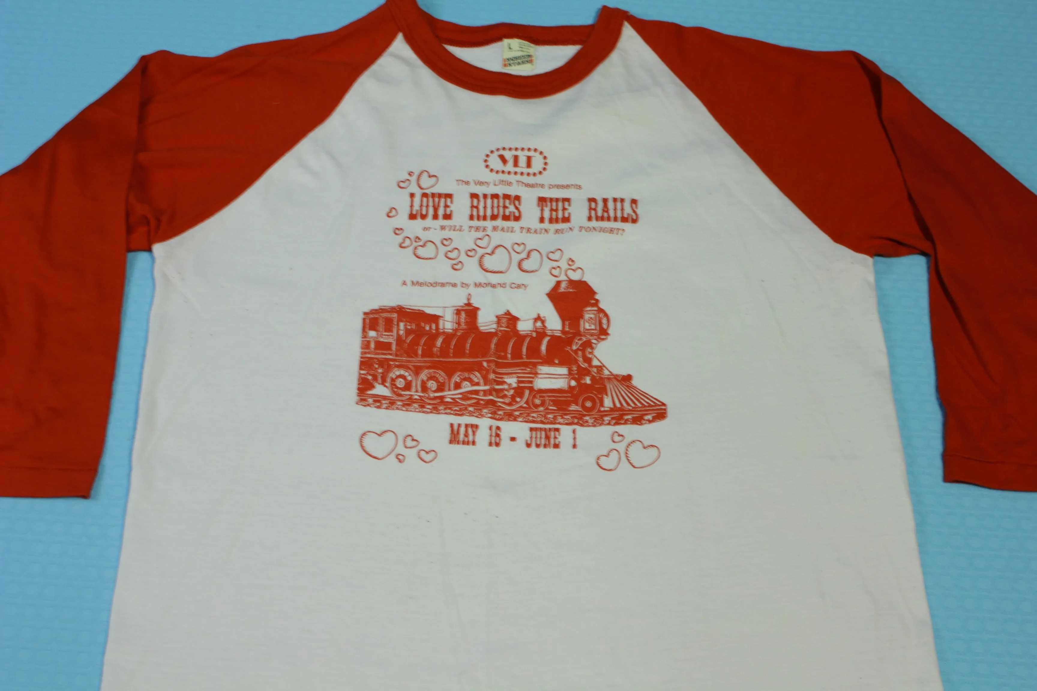 Love Rides The Rails Vintage 80's Very Little Theatre Will The Mail Train Run Tonight Raglan T-Shirt