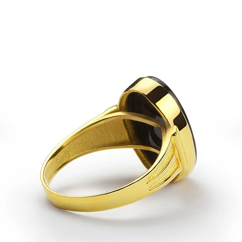 Men's Ring Black Onyx in 10k Yellow Gold, Statement Ring for Men