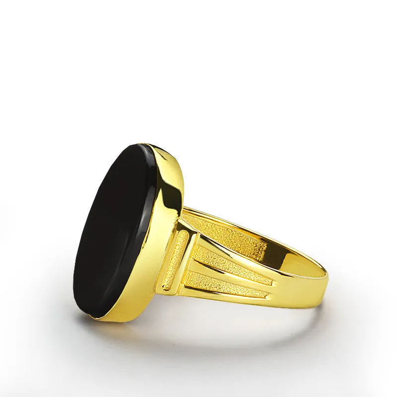 Men's Ring Black Onyx in 10k Yellow Gold, Statement Ring for Men