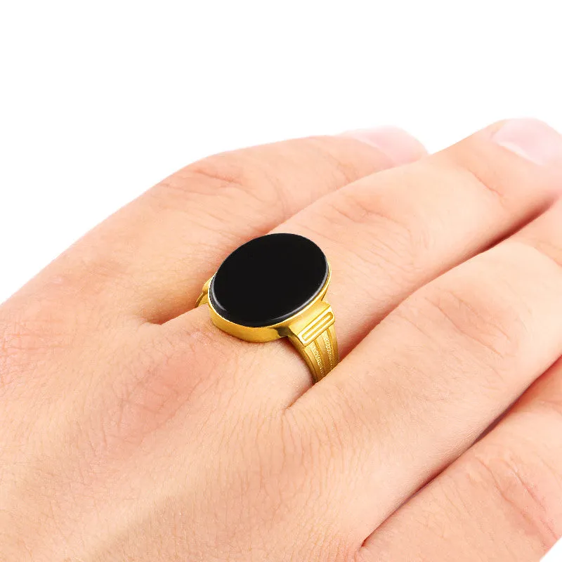 Men's Ring Black Onyx in 10k Yellow Gold, Statement Ring for Men