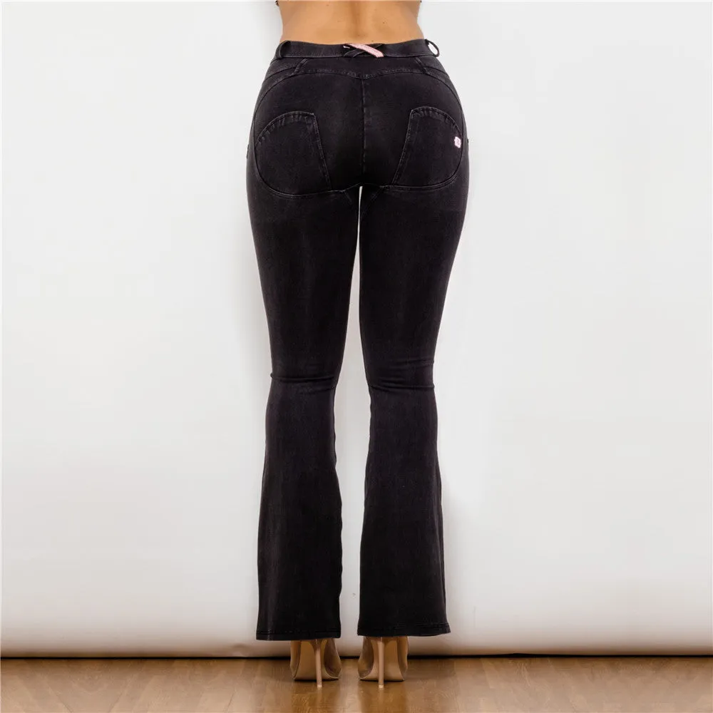 Mid Waist Dark Thread Black Flare Jeans