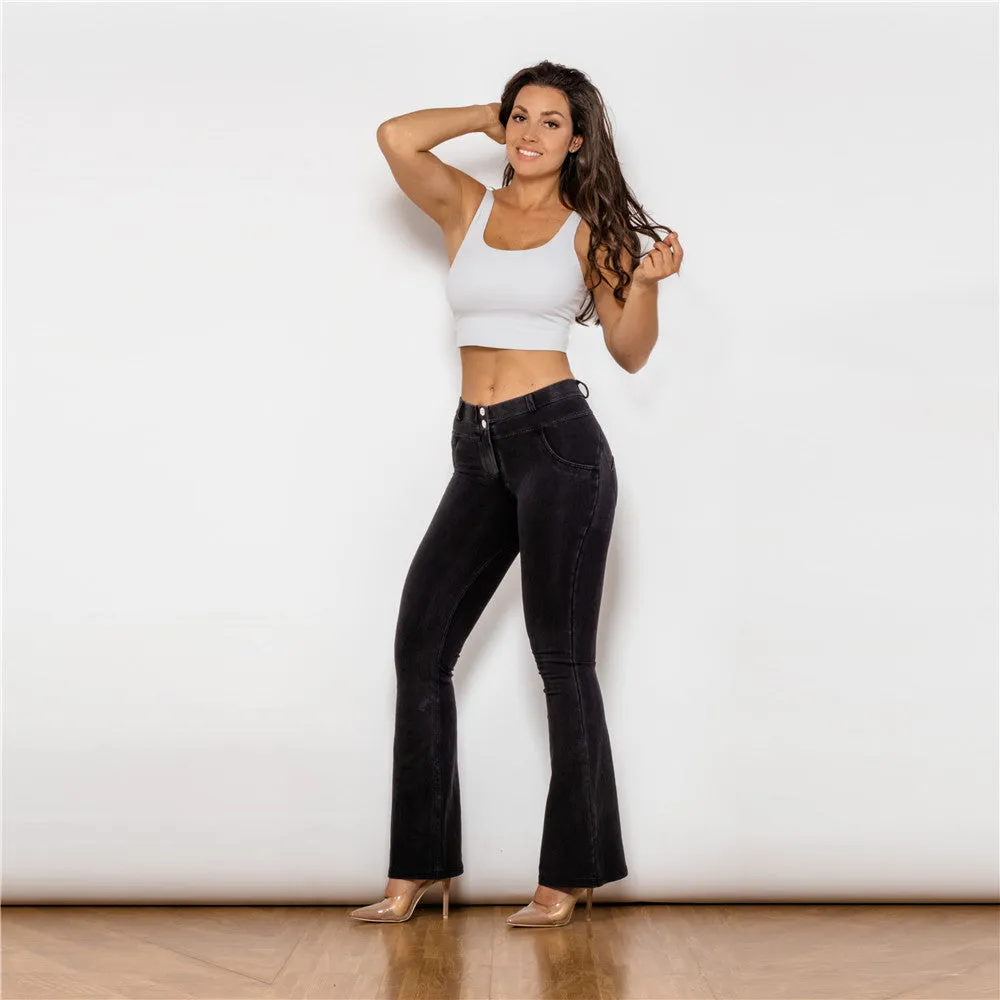 Mid Waist Dark Thread Black Flare Jeans