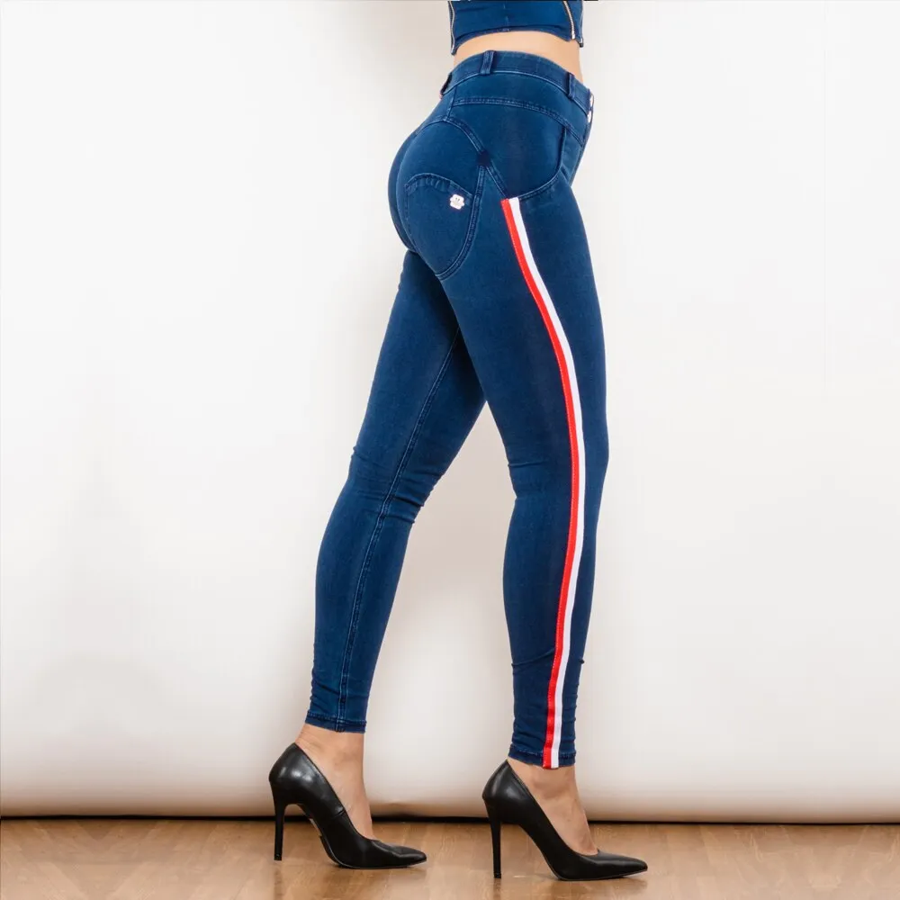 Middle Waist Dark Thread Dark Blue Jeans with Stripe