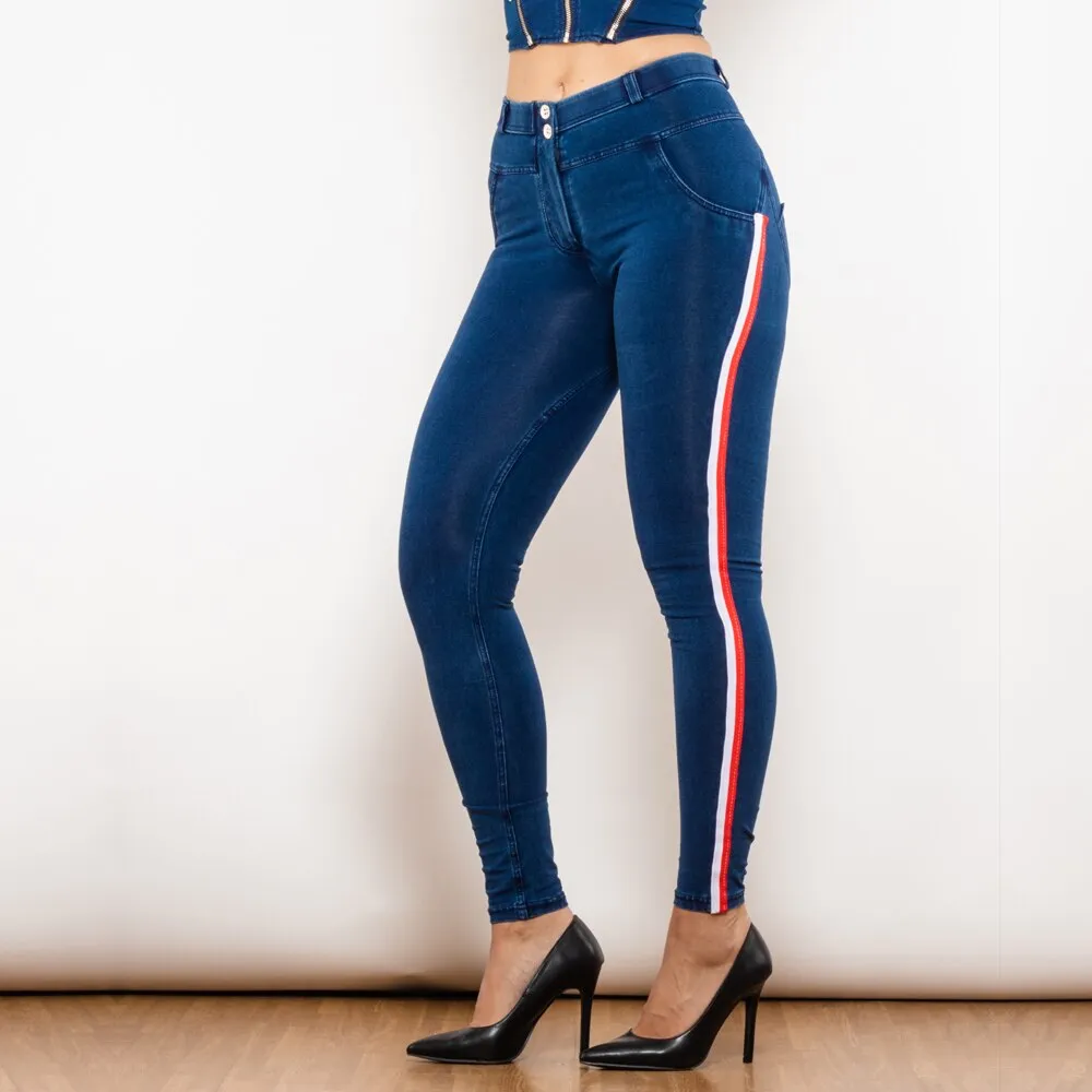 Middle Waist Dark Thread Dark Blue Jeans with Stripe