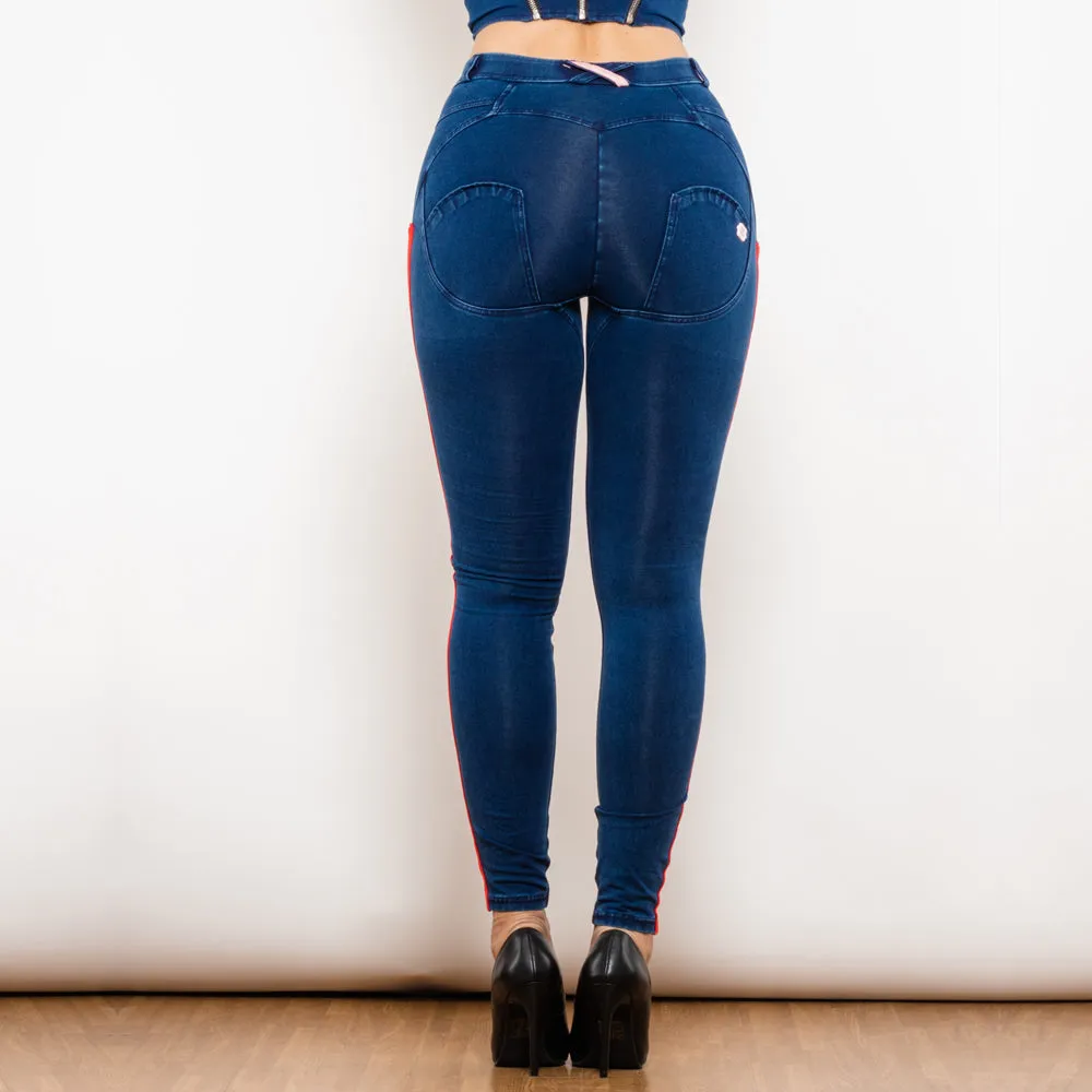 Middle Waist Dark Thread Dark Blue Jeans with Stripe