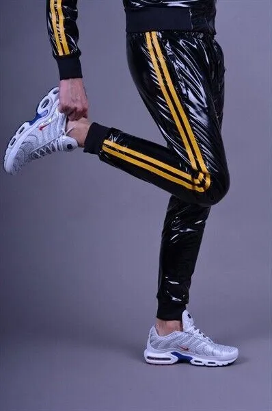 MR. RIEGILLIO PVC Tracksuit Pants With Two Side Pockets & Yellow Stripes 4