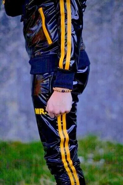 MR. RIEGILLIO PVC Tracksuit Pants With Two Side Pockets & Yellow Stripes 4