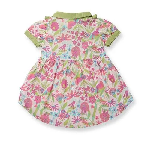 Nino Bambino 100% Organic Cotton Green N Pink Floral Designed Half Sleeve Apron Dress For Baby Girls (Certified ORGANIC) - 1 Pc (3 To 4 Years)