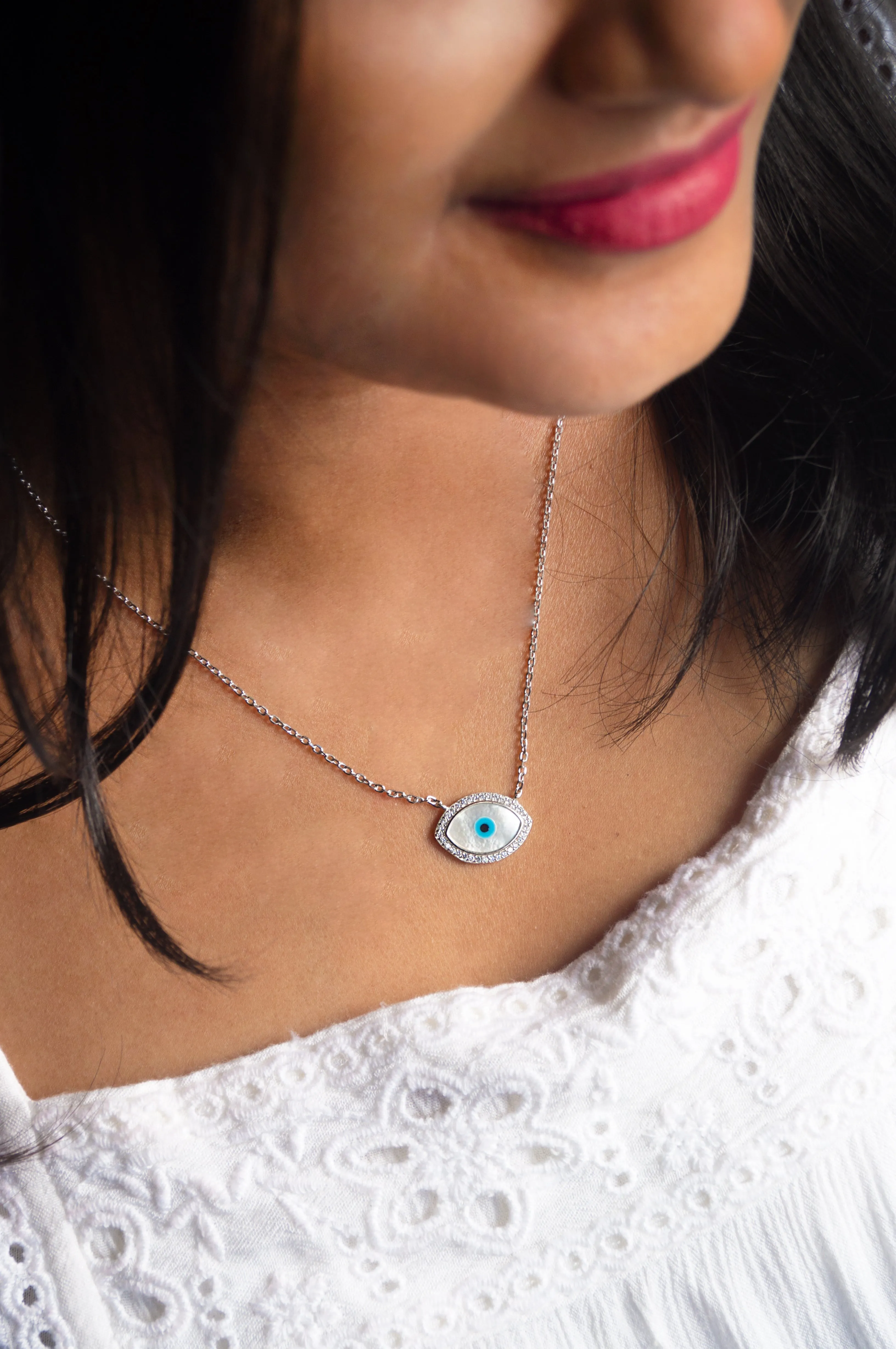 Oh-So-Glam Evil Eye Mother-Of-Pearl Sterling Silver Pendant Necklace