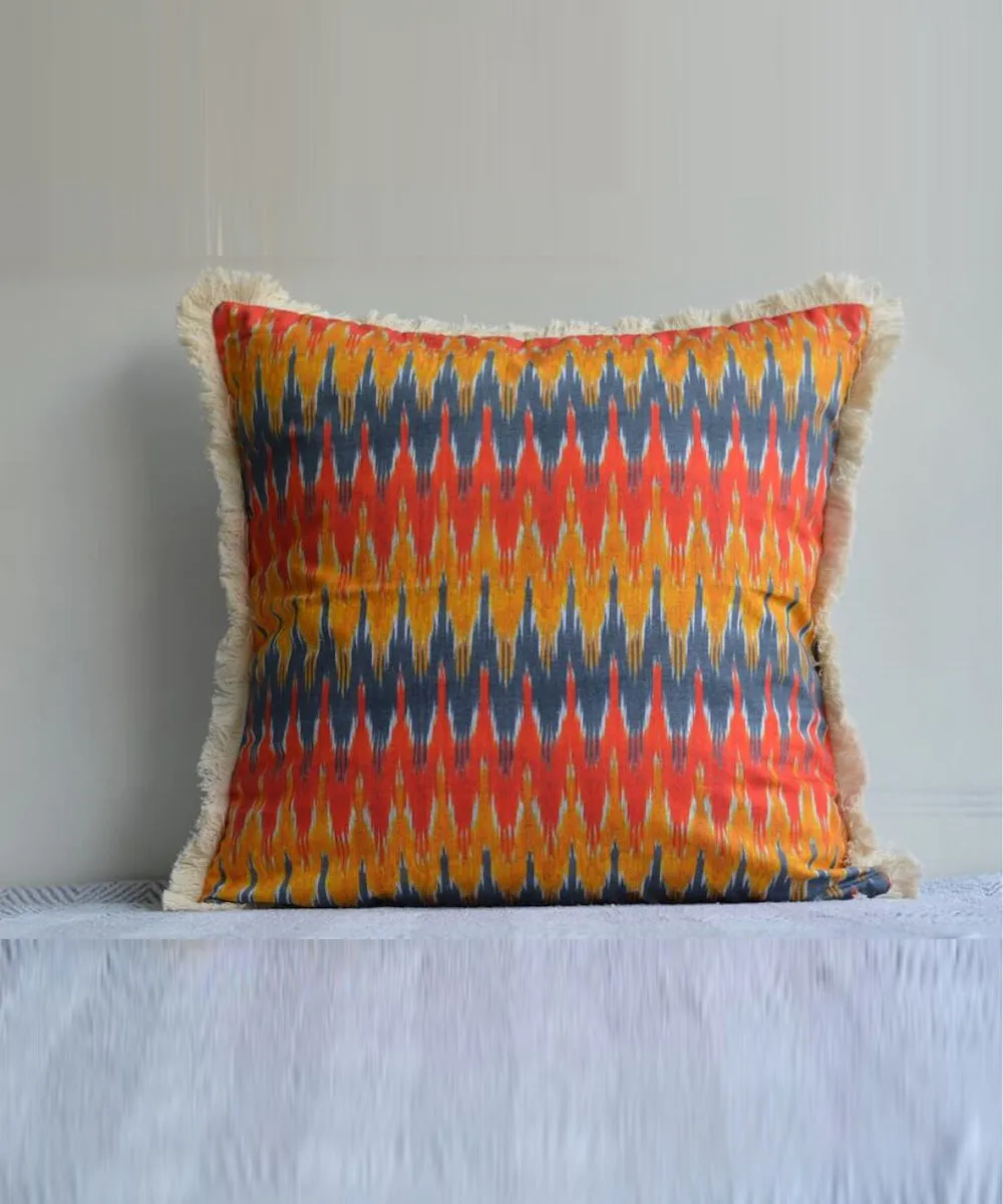 Orange blue handwoven ikat cotton cushion cover