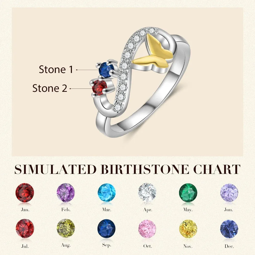 Personalized Butterfly Ring With 2 Birthstone For Women