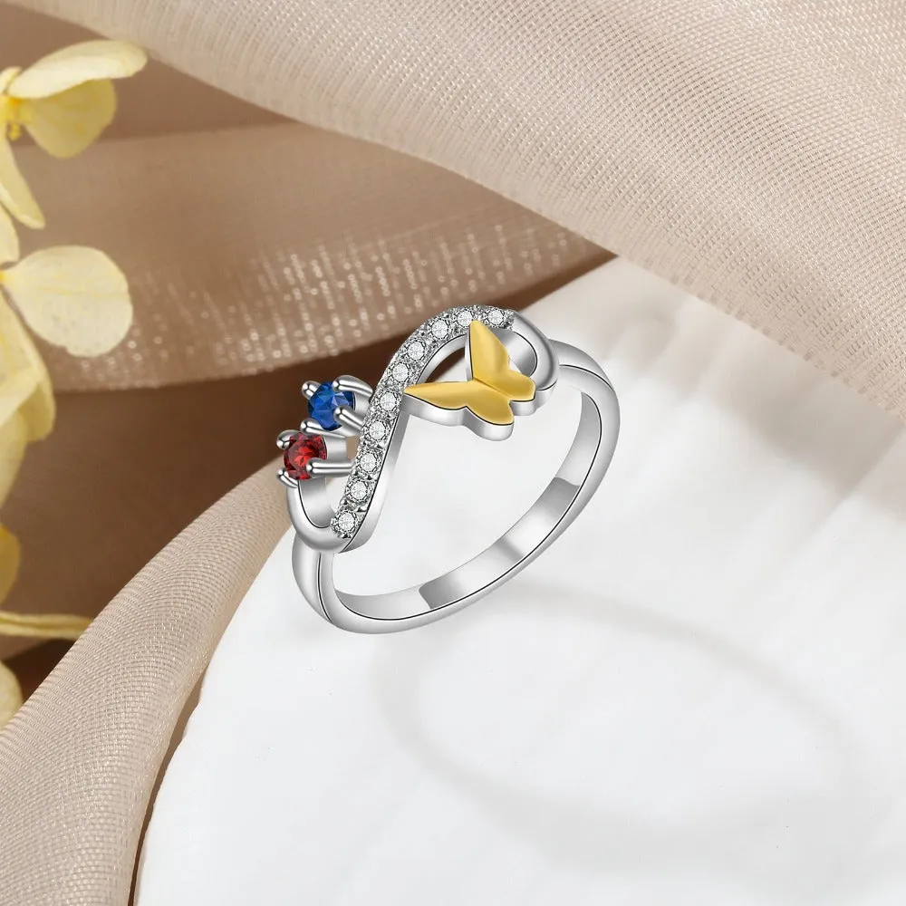 Personalized Butterfly Ring With 2 Birthstone For Women