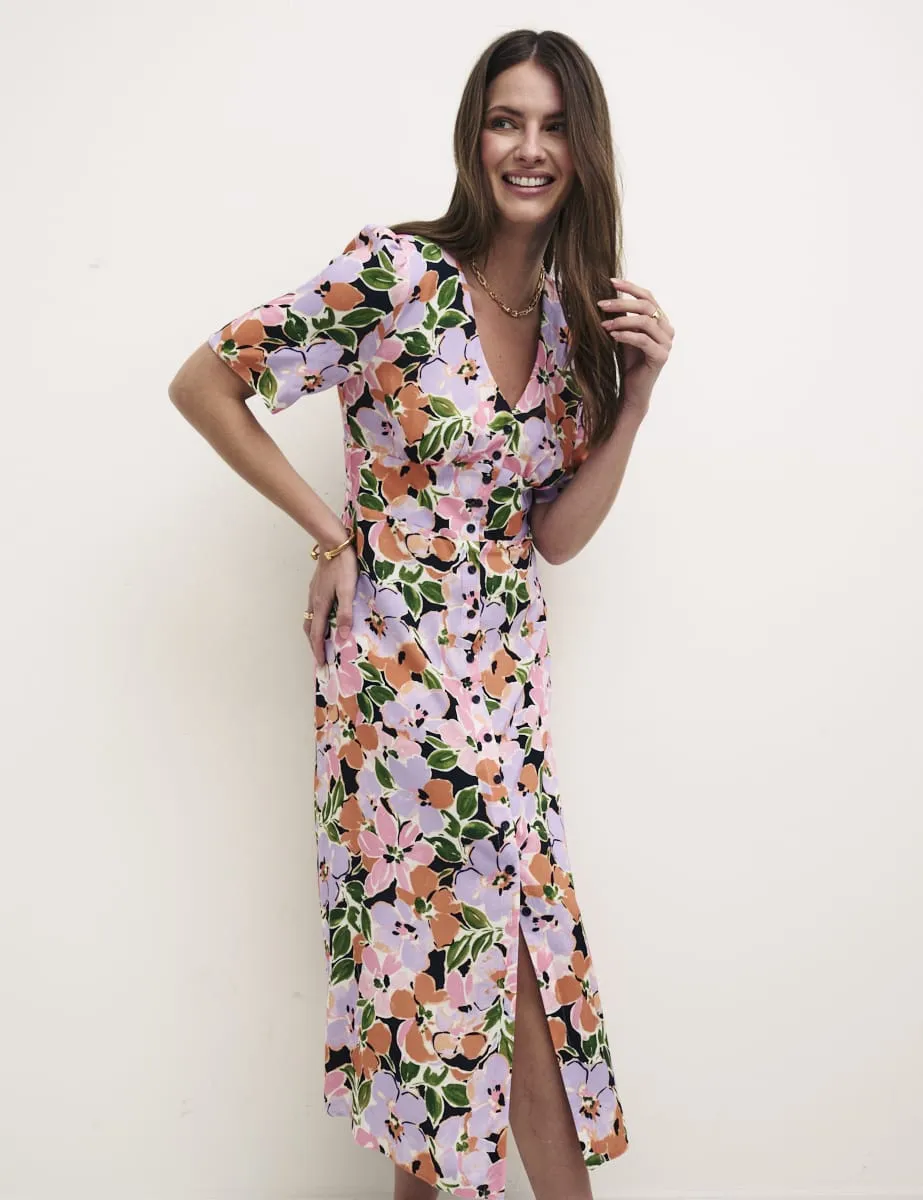 Pink Floral Alexa Midi with Shirring Dress